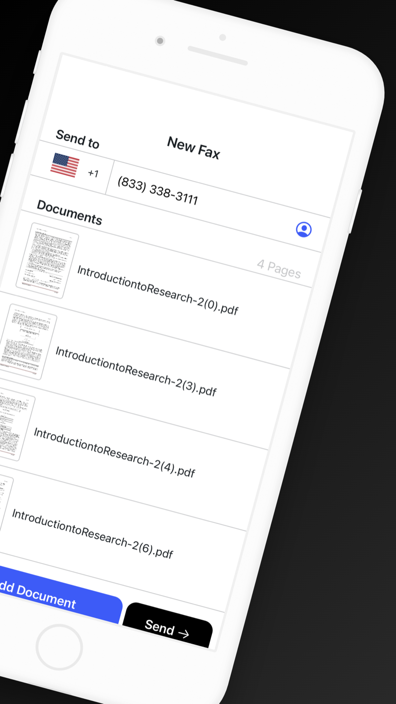 Actual FAX from iPhone screen showing document attachments and the Send control